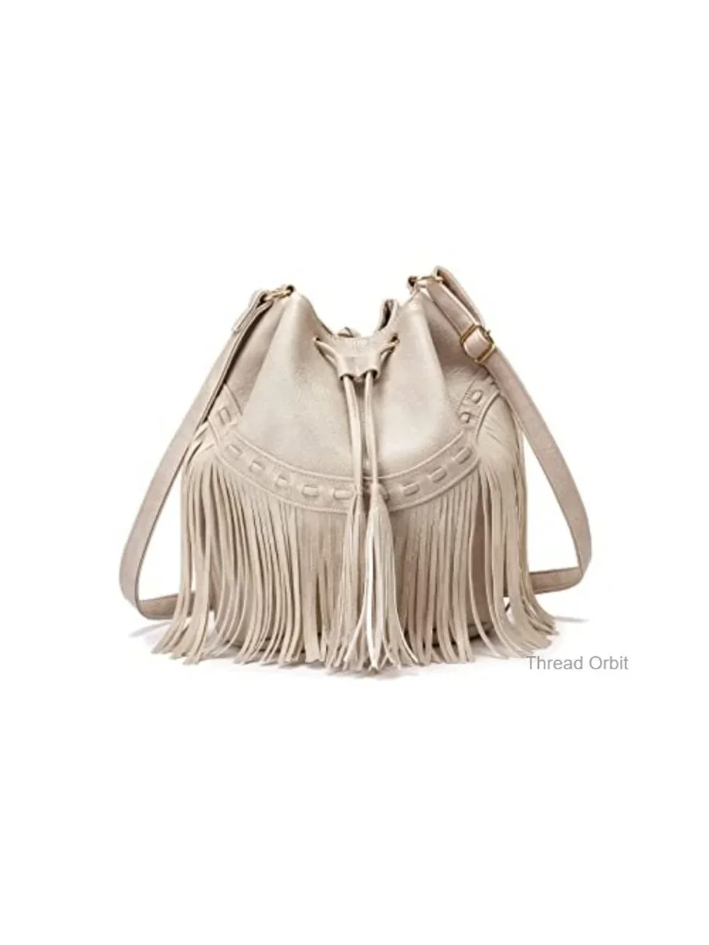 Faux Leather Bucket Bag Crossbody Fringe Purse with Drawstring Tassel Hobo